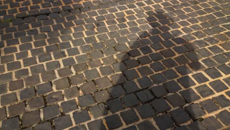 a man casting his own shadow while standing on a brick street pavement as other people pass by casting their own shadows as well