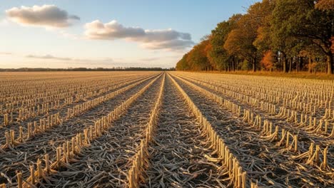 a picturesque autumn landscape showcasing a vast field of cut crop stubble under a beautifully lit sky with soft clouds and a lush tree line in warm evening light