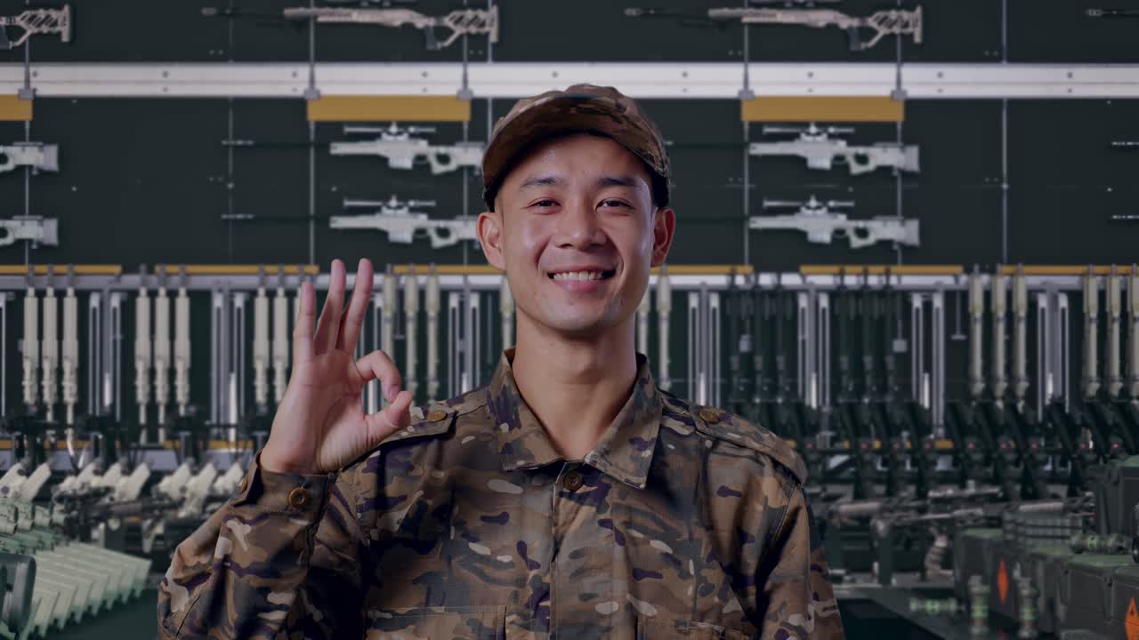 primo piano di un militare asiatico che sorride e mostra il gesto OK alla telecamera in un arsenale militare