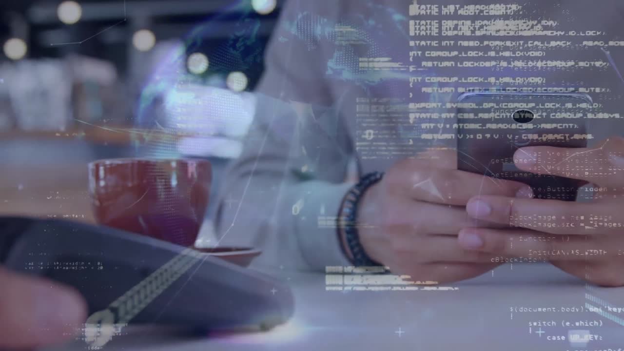 Data processing and spinning globe over mid section of a man making a payment using his smartphone