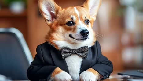 a dog wearing a suit sitting at a desk in an office