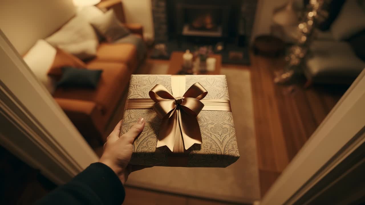 Opening doorway, gift box carrier stepping into living room delivering gift near fireplace and tree