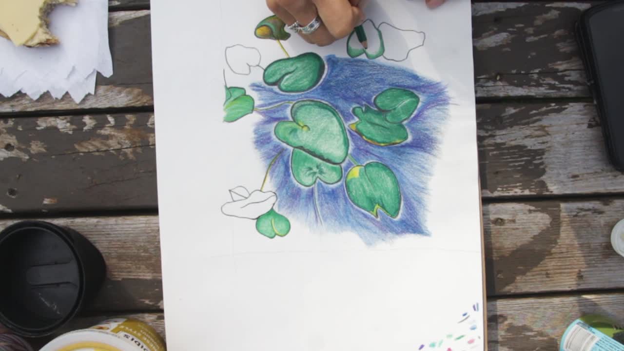 Table top birds eye view of an adult female's hand coloring lily pad in a tranquil outdoor environment.