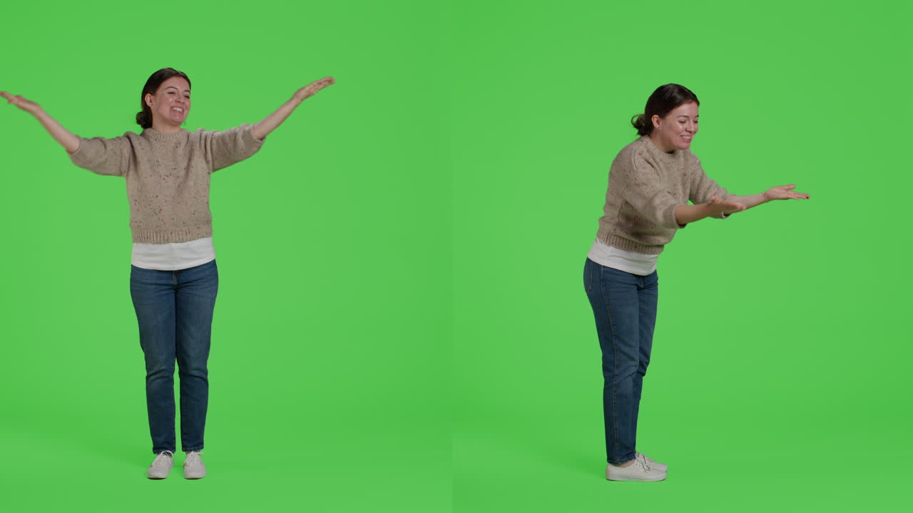 Woman saying goodbye on green screen
