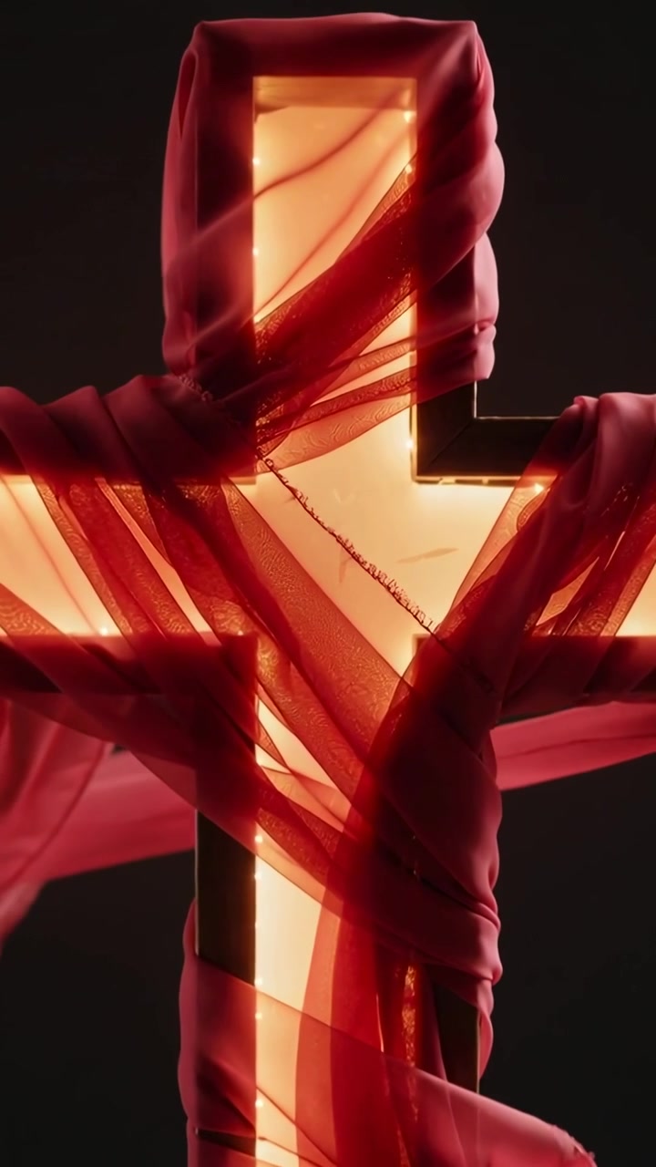 Video verticale: Tessuto rosso trasparente che viene tirato e si sposta, avvolgendo una croce illuminata in studio per mostrare il bagliore.