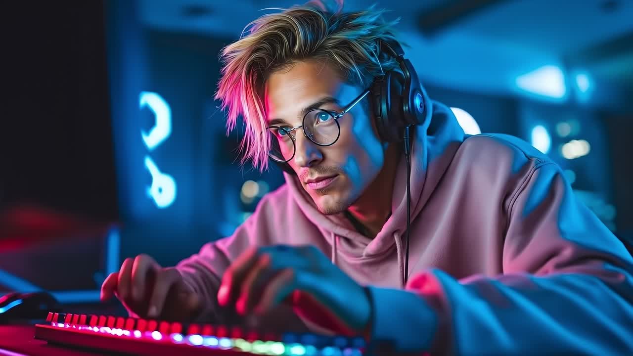 A man wearing headphones playing a keyboard in front of a computer