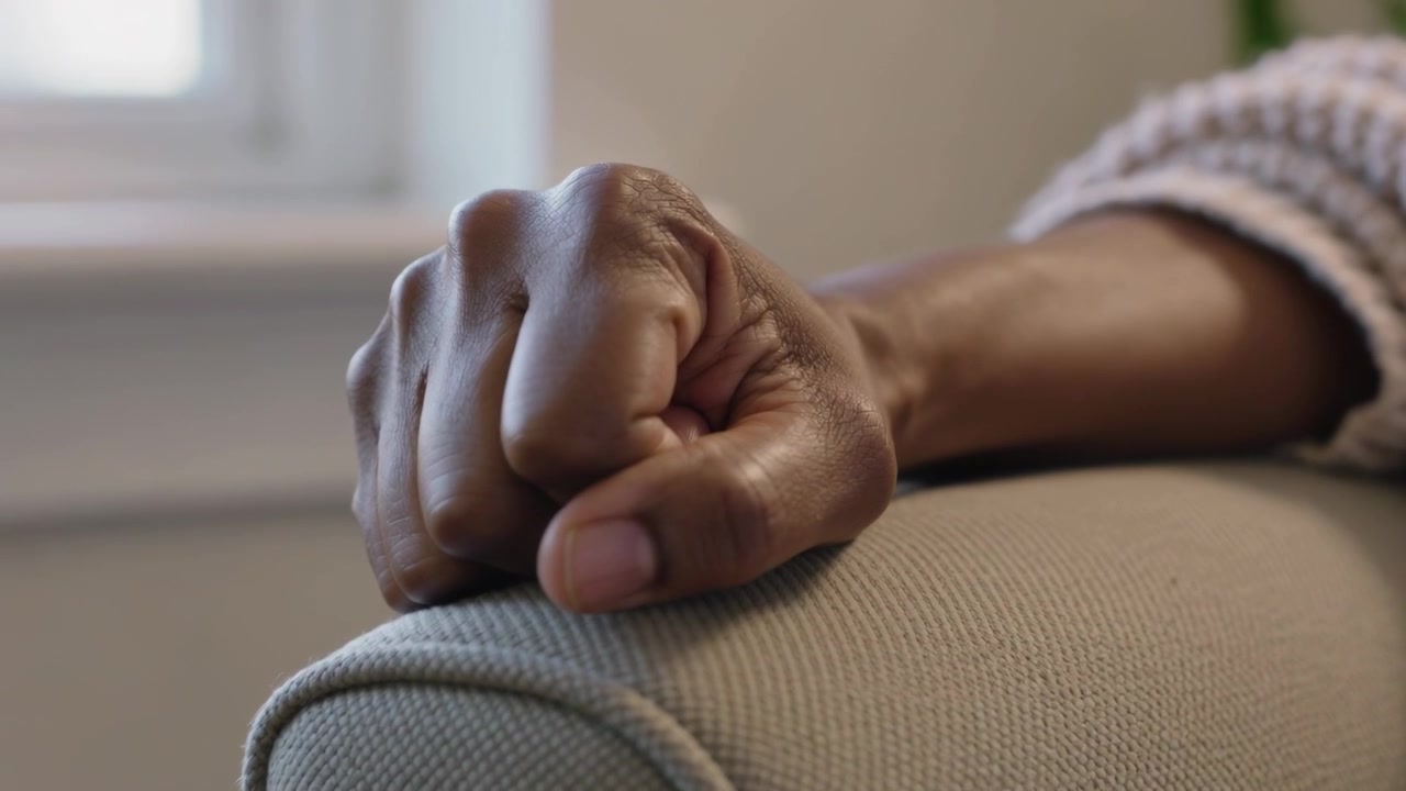 Responding to sunlight forearm and hand slowly opening on couch armrest to relax