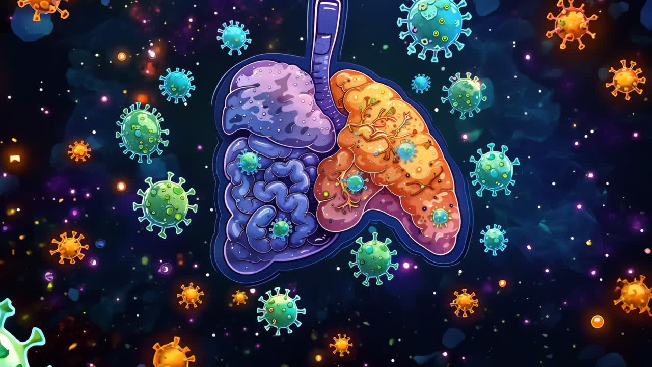 A colorful drawing of a human body with a virus in the lungs. The drawing is vibrant and eye-catching, but it also conveys a sense of danger and illness. The use of bright colors