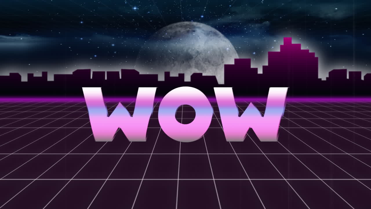 애니메이션 빈티지 비디오 게임 화면에 금속 단어 와우가 쓰여져 있습니다.