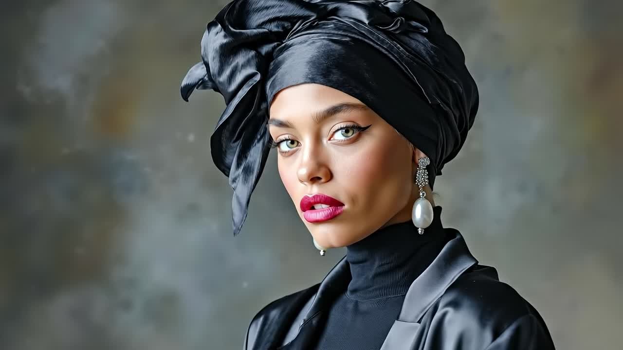 A woman wearing a black turban and a black jacket