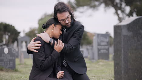 sad couple, graveyard and hug in loss