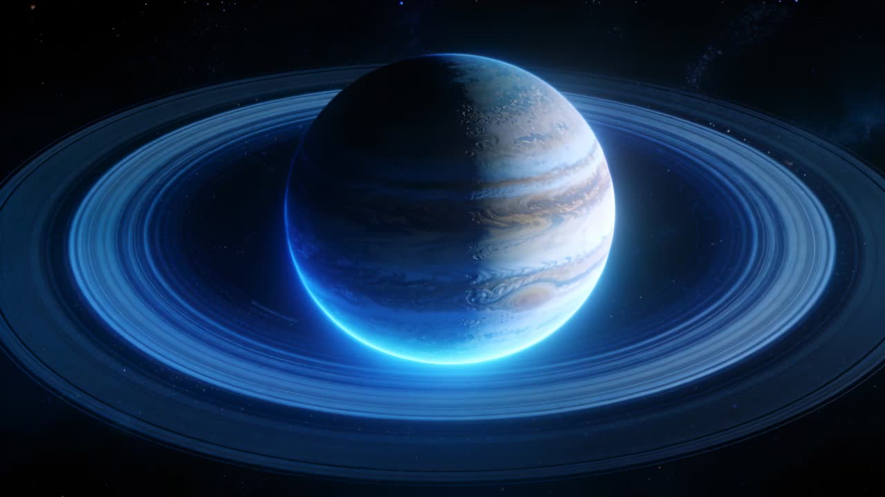 Pianeta con anelli che ruota, mostrando lo spostamento del terminatore e rivelando il lembo blu, fasce di nubi per l'astronomia.