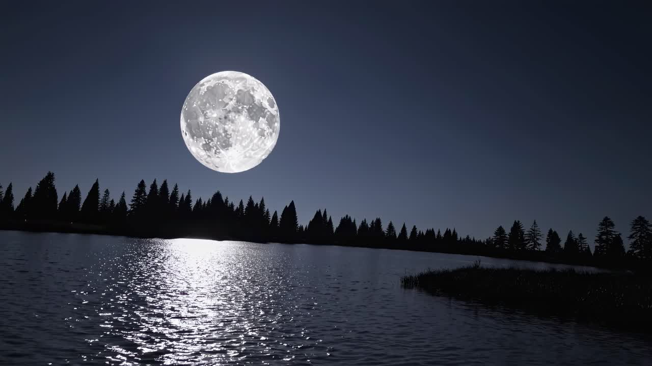 Uma cena de vídeo noturna e serena com uma lua cheia sobre um lago, capturada de um ângulo baixo