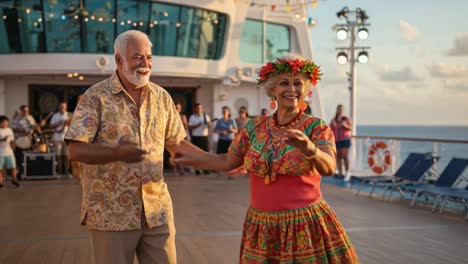joyful dance celebration on a cruise deck: a colorful display of tradition and community as couples enjoy vibrant cultural performances at sunset by the ocean