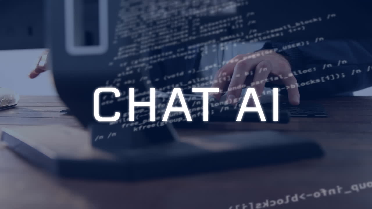 Animation of artificial intelligence text and data processing over caucasian man using computer