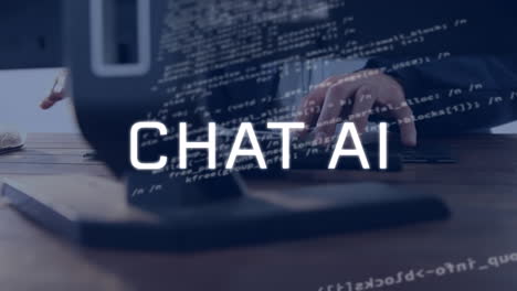 animación de inteligencia artificial texto y procesamiento de datos sobre hombre caucásico usando computadora