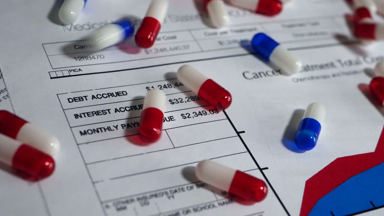 값비싼 처방약 알약과 약이 소품 의료 보험 양식에서 슬로우 모션으로 떨어집니다.