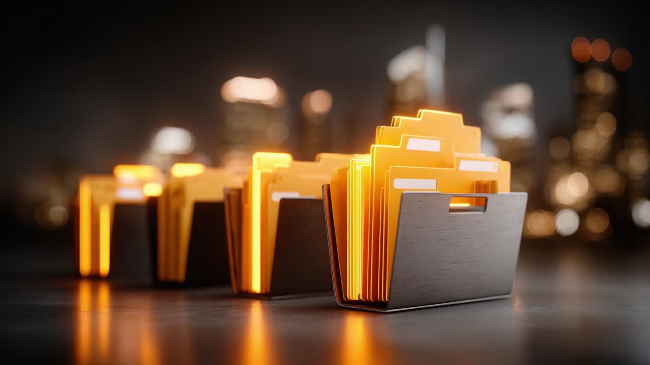 Illuminated Folders Displaying Organized Documents Against a Cityscape Background Highlight the Importance of Data Management and Organization in Modern Business Practices