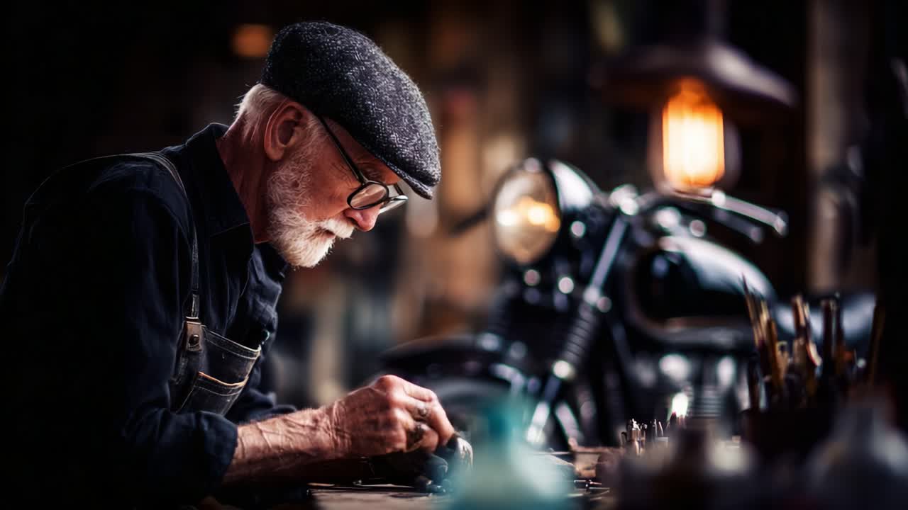 Ein älterer Handwerker repariert sorgfältig ein Oldtimermotorrad in einer sanft beleuchteten Werkstatt und zeigt die Hingabe und Handwerkskunst von erfahrenen Händen bei der Arbeit an klassischen Maschinen
