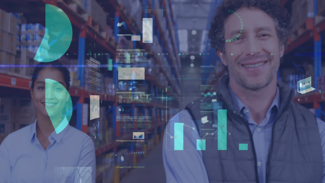 animación del procesamiento de datos sobre diversas personas de negocios en el almacén