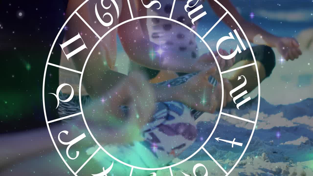 círculo de signos del zodiaco sobre mujeres biraciales practicando yoga