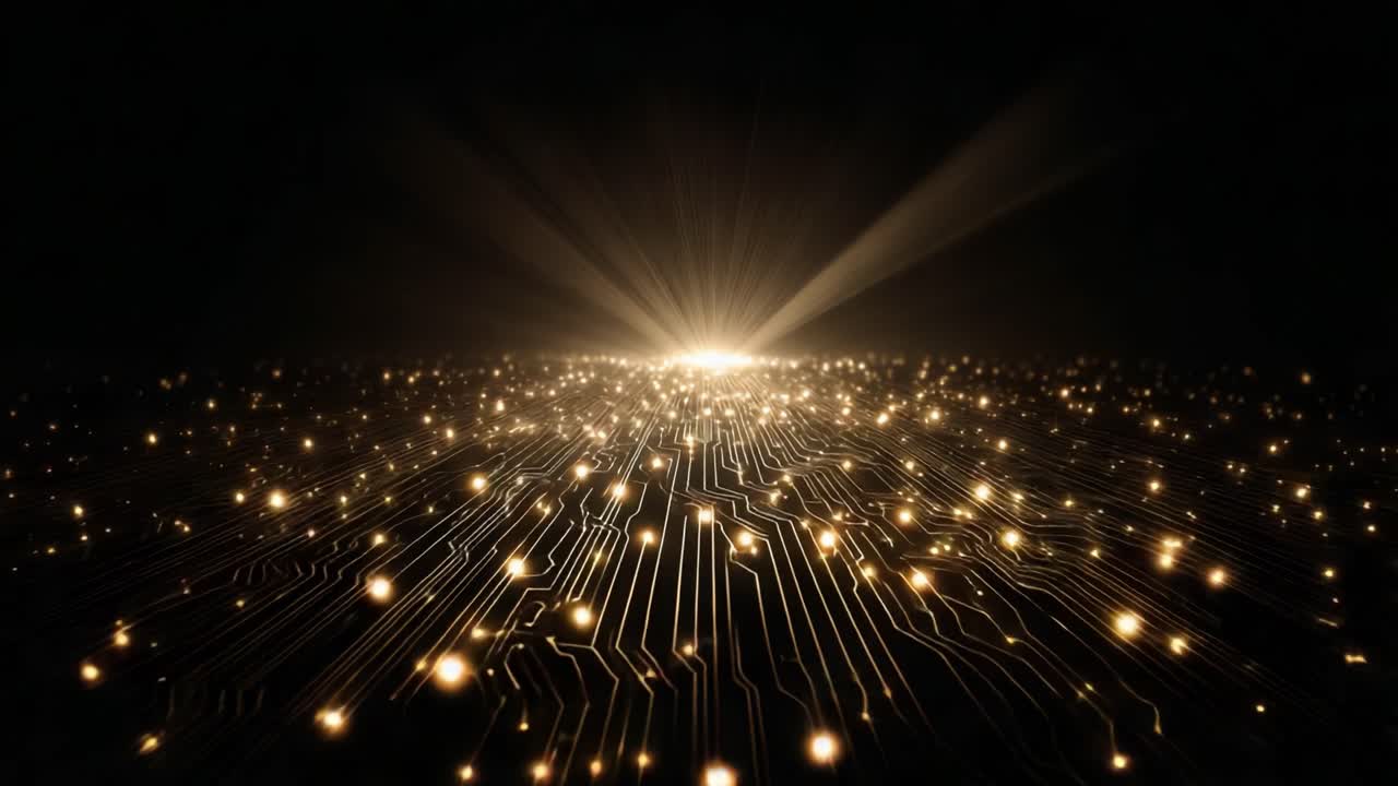 A mesmerizing display of luminous pathways emanating from a radiant source, showcasing intricate circuitry patterns and glowing elements in a darkened space