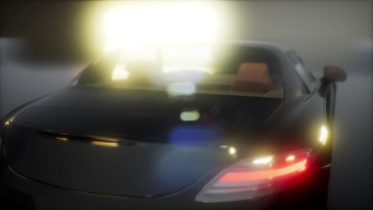 밝은 조명을 가진 어두운 스튜디오에서 럭셔리 스포츠 자동차