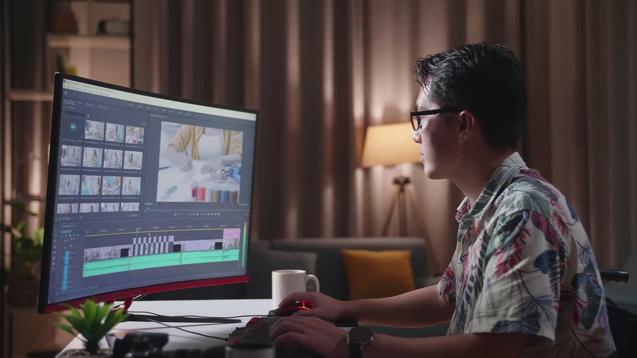 persona editando un video en casa por la noche.