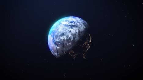 nasa style footage of planet earth rotating from space. earth spins slowly as continents turn from night to day. clip contains a 3d earth changing from day to night, stars, space, clouds.