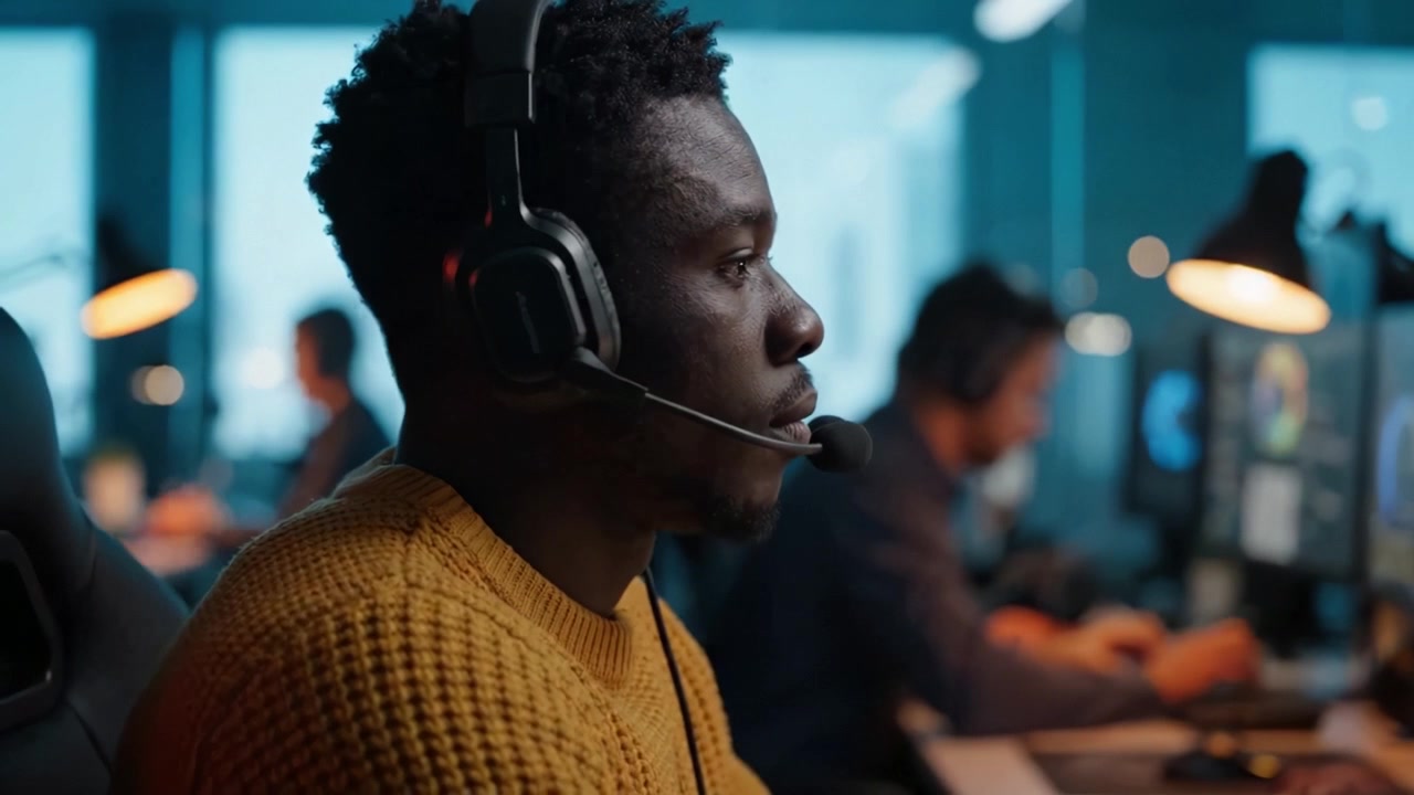 Focused Gamer Engaged in Competitive Gameplay, Wearing Headset and Headphones, with Bright Screens Illuminating a Modern Gaming Environment