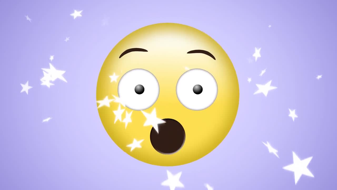 animación de estrellas blancas cayendo sobre un emoji sorprendido sobre un fondo púrpura pálido