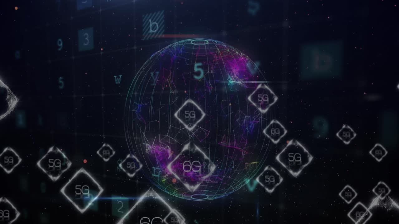 Animation of data processing and globe over black background