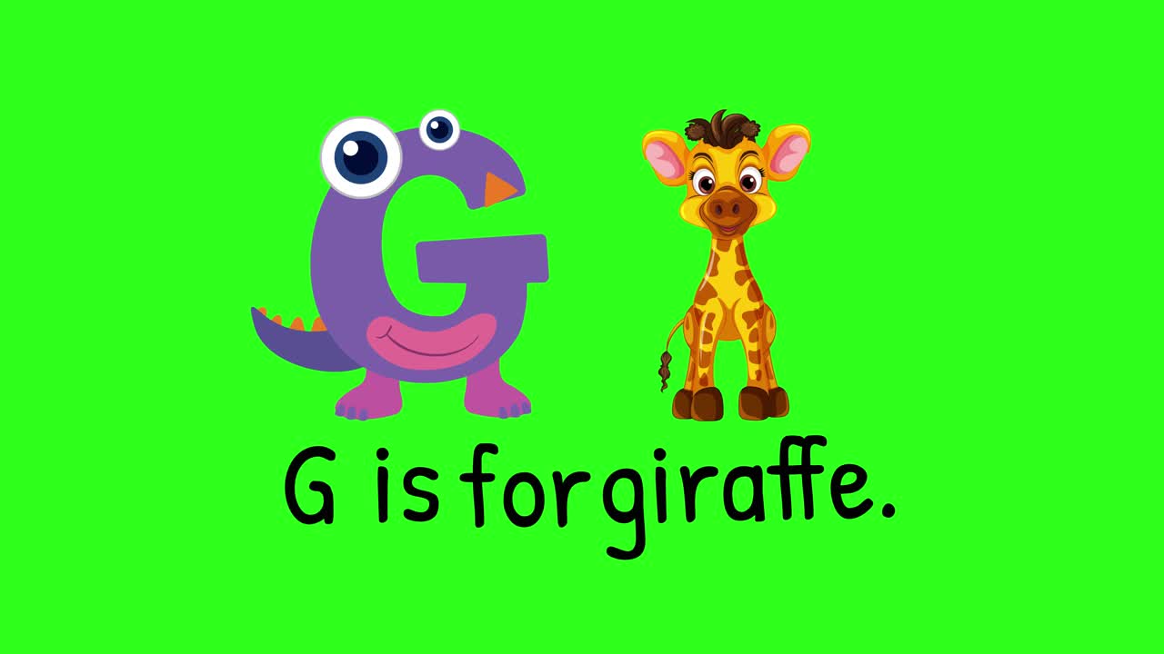 Farverig animation med en legesyg giraf og bogstavet G på en levende grøn baggrund, der fremhæver alfabetindlæring.