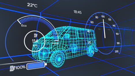 animación de un modelo 3d de coche con interfaz digital y procesamiento de datos