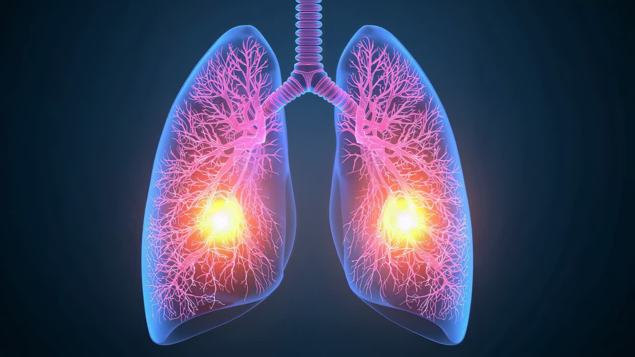 Animazione di polmoni a scopo medico, enfatizzando i punti caldi che emergono e crescono nei lobi inferiori, nella trachea e nei bronchi