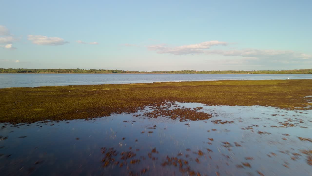 Wide calm blue wetland surface with grassy patches under soft clouded sky