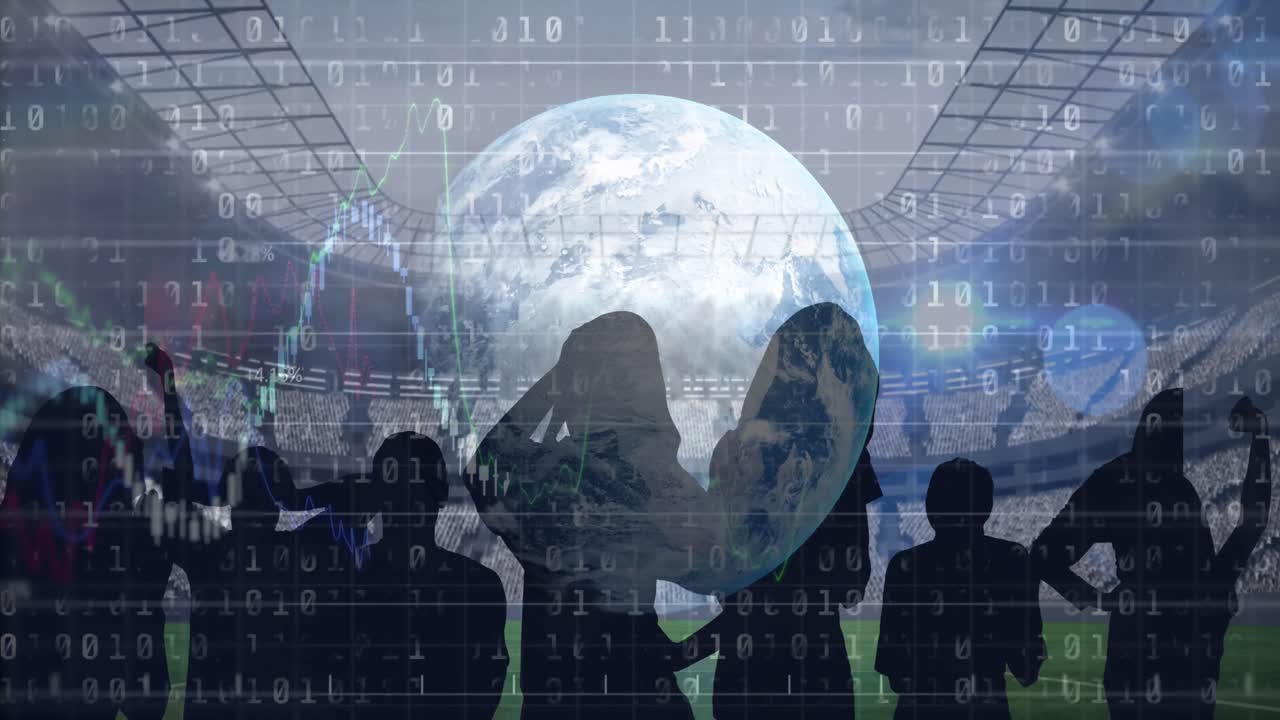 경기장 에 있는 스포츠 팬 들 에 대한 그래프 와 데이터 처리 와 함께 전 세계 의 애니메이션