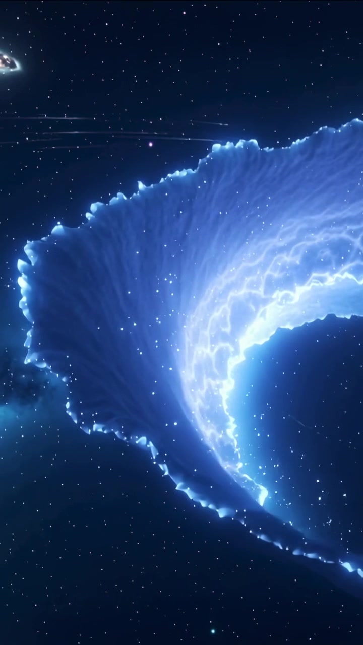 Video verticale: Bordo luminoso scintillante, grande nebulosa blu che si ripiega verso l'interno nello spazio rivelando una fascia interna.