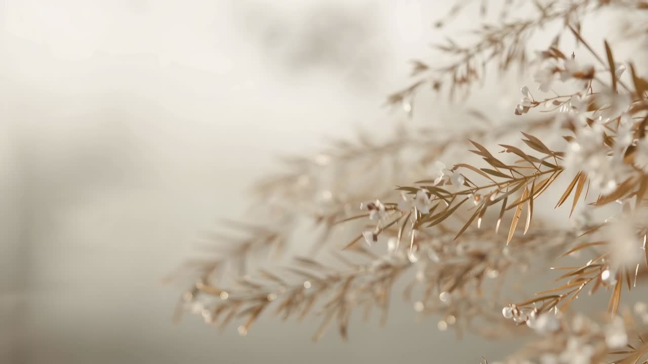 Pulling focus camera revealing slim stems with white flowers in garden, soft bokeh showing droplets