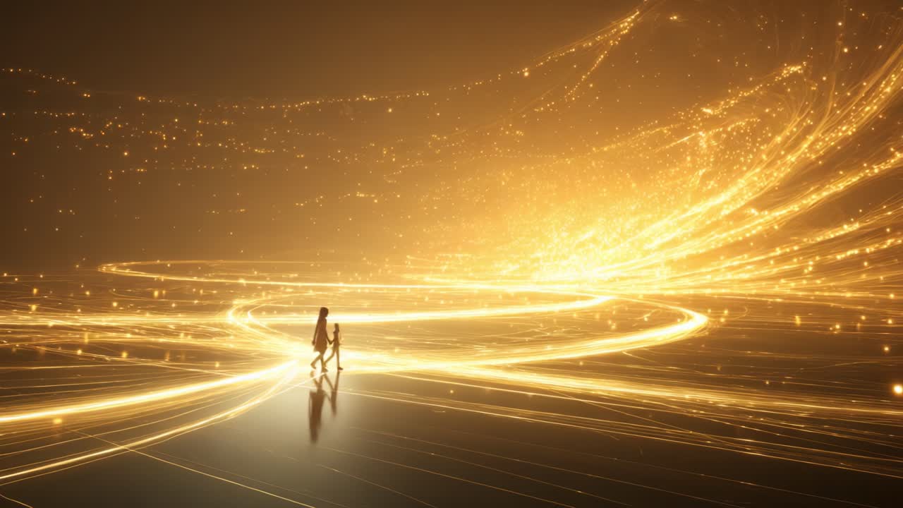 A captivating glimpse into a luminous realm where two figures traverse a sparkling pathway, surrounded by an ethereal glow and a cascade of glittering light particles, evoking feelings of wonder and discovery