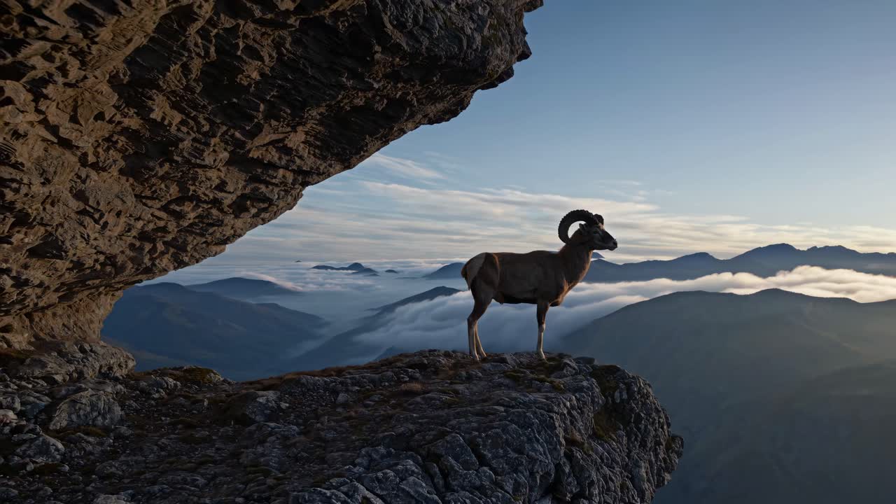 A majestic ram stands on a cliff edge, captured from a low-angle, wide shot
