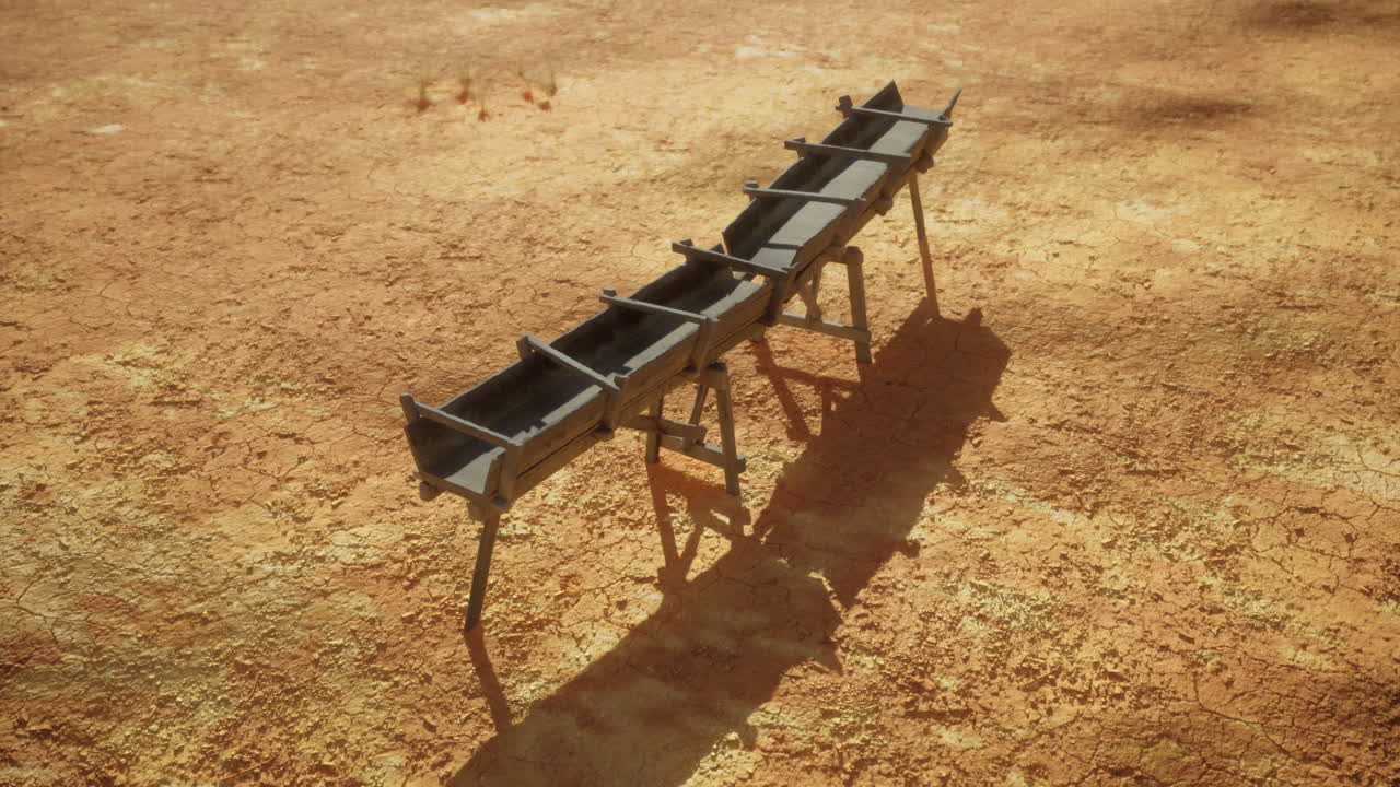 Old wooden trough placed on dry ground under bright sunlight during midday