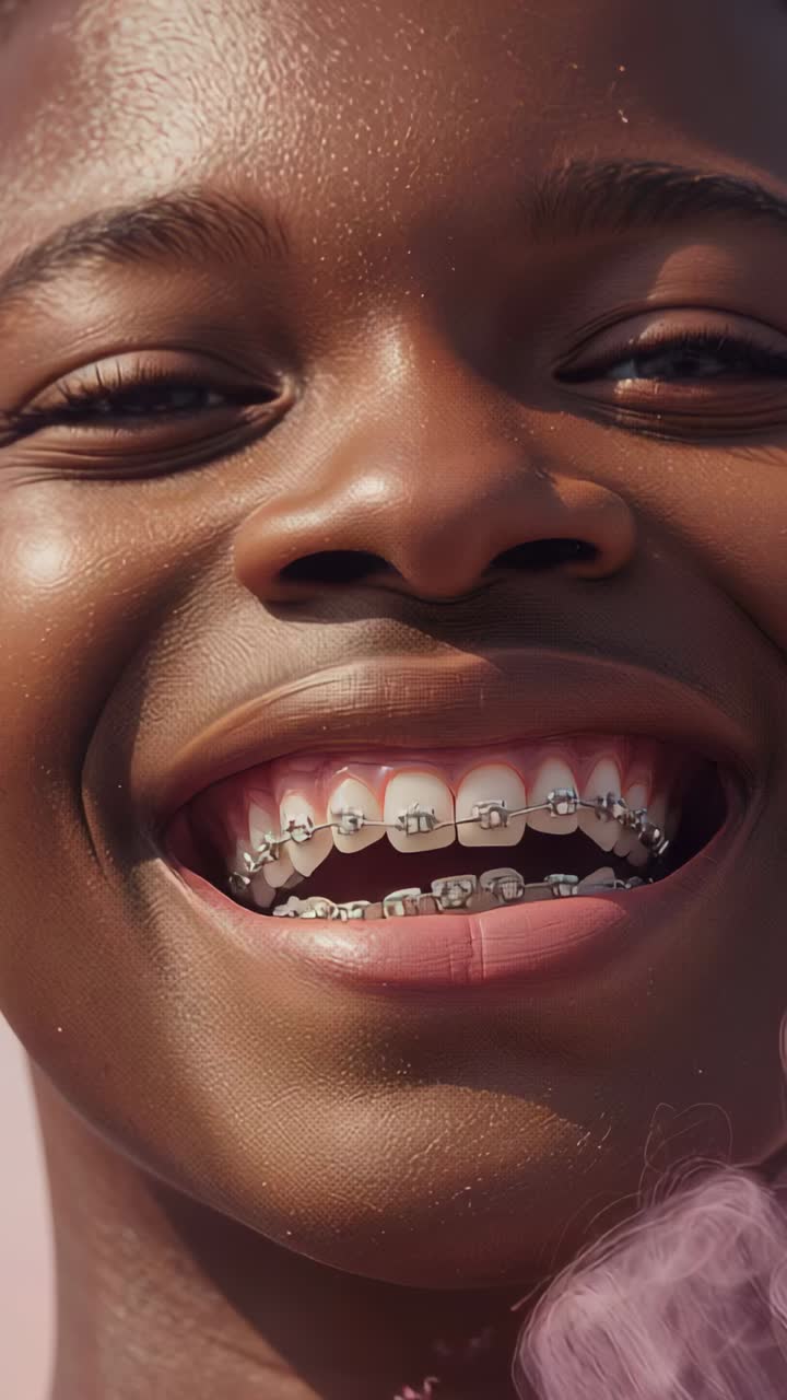 Vertical video: Laughing teen turning head as camera shifting by pink wall, with braces and earring