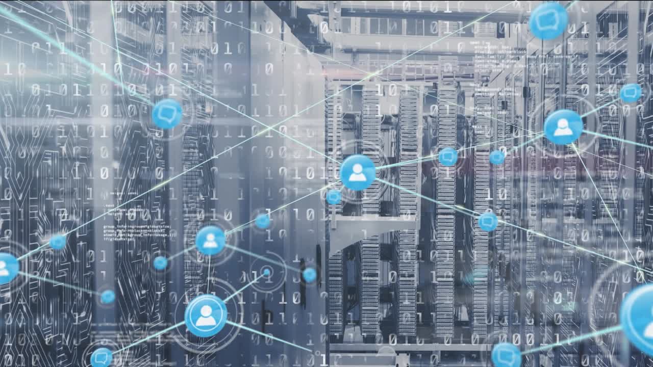 Animation of network of connection with people icons and binary coding over computer servers
