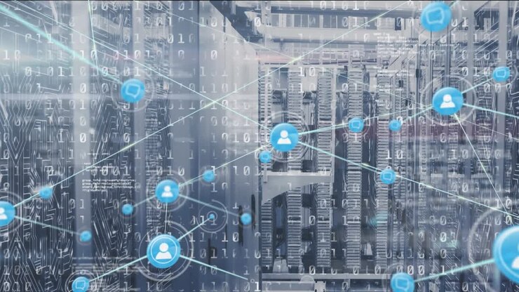 Animation of network of connection with people icons and binary coding over computer servers