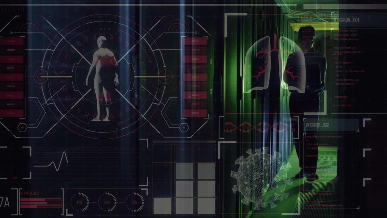 Animation of data processing over asian male worker in server room