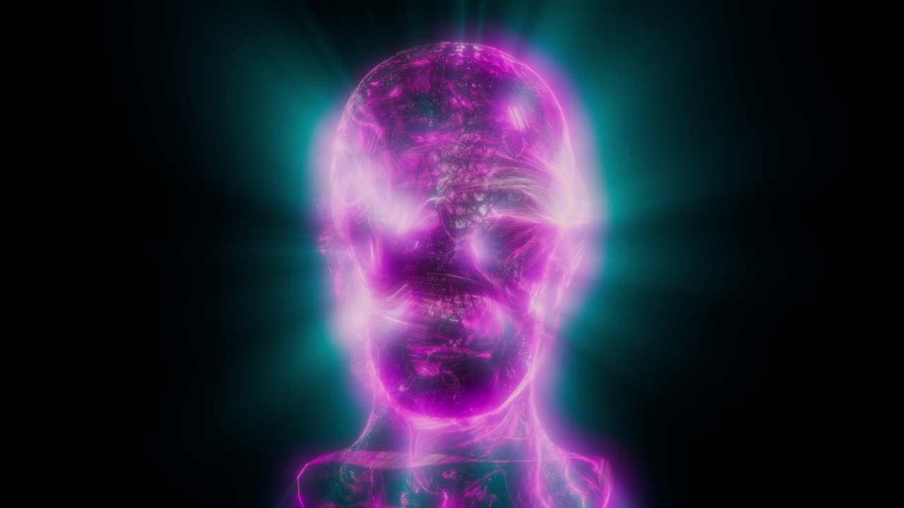 particelle colorate che scorrono sopra la scultura della testa umana