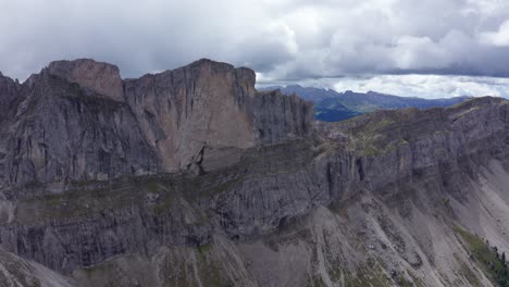 drone view of jagged seceda ridgeline, italian dolomites, south tyrol