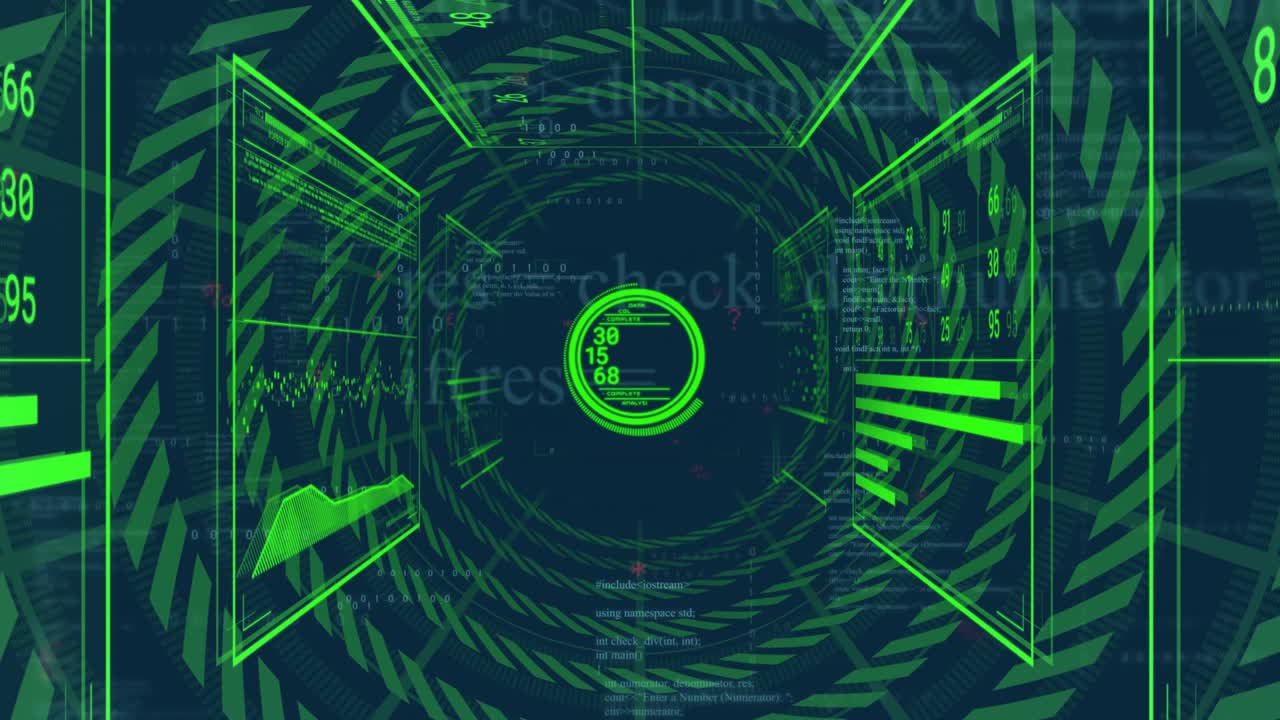 Central HUD target receiving data pulse, updating numbers while panels shifting to consolidate data