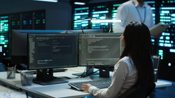 Team of programmers in data center responsible for repairs